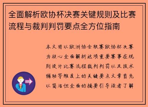 全面解析欧协杯决赛关键规则及比赛流程与裁判判罚要点全方位指南