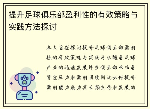 提升足球俱乐部盈利性的有效策略与实践方法探讨
